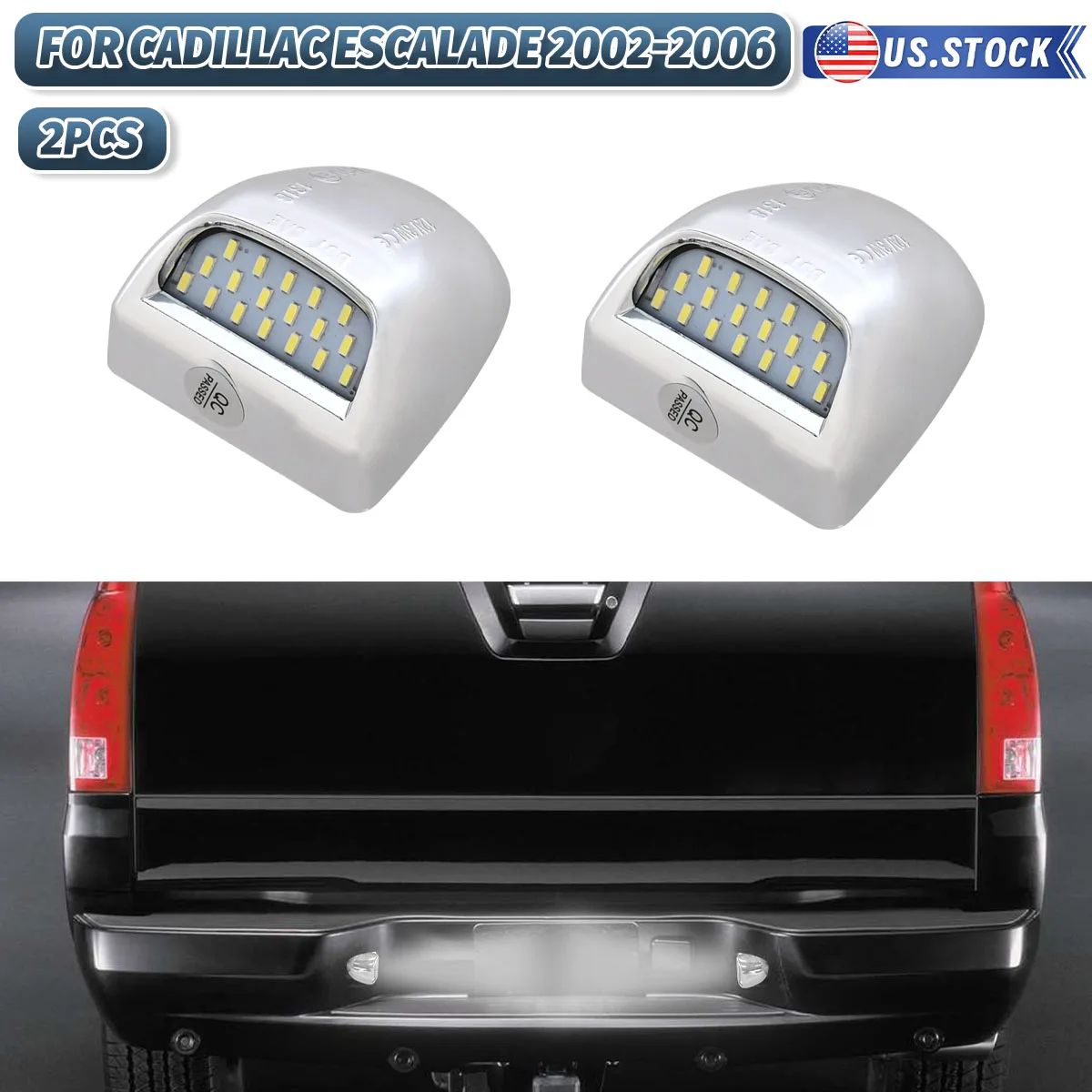 2pcs Car LED License Number Plate Lights Chrome Silver White 6000K For Cadillac Escalade Avalanche Chevy Silverado GMC Sierra