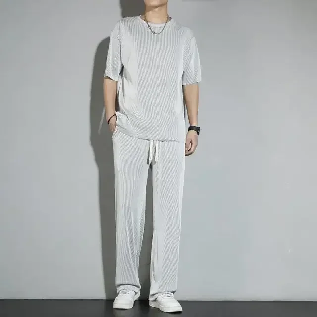 Men's Wrinkled Ice Silk Sports Set 2026 Summer New Short sleeved Long Pants Two piece Set Fashionable Breathable and Cool 