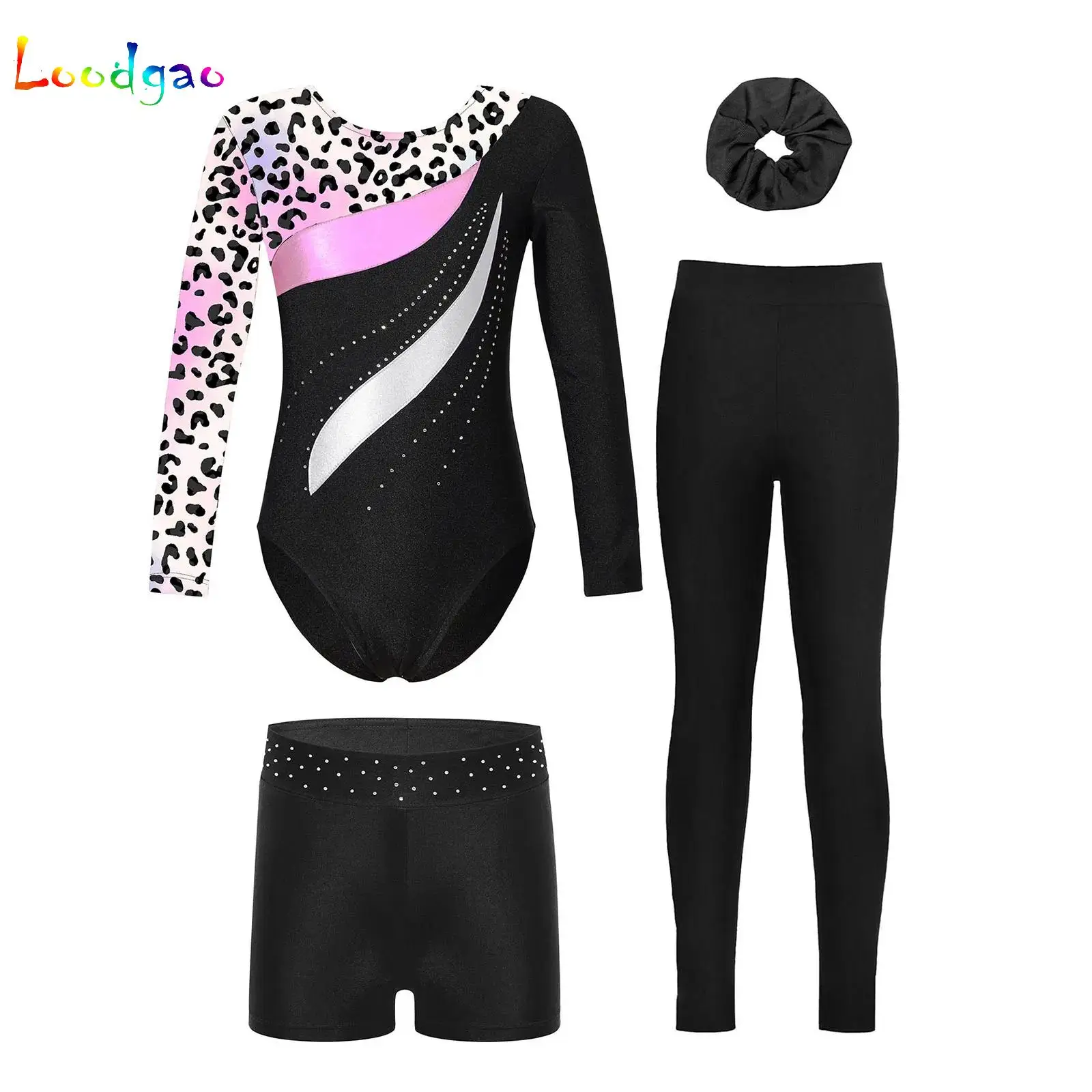 

Kids Shiny Rhinestones Unitard Tumbling Activewear Outfit Gymnastics Leotards Shorts Leggings Hair Band Girls Athletic Biketard