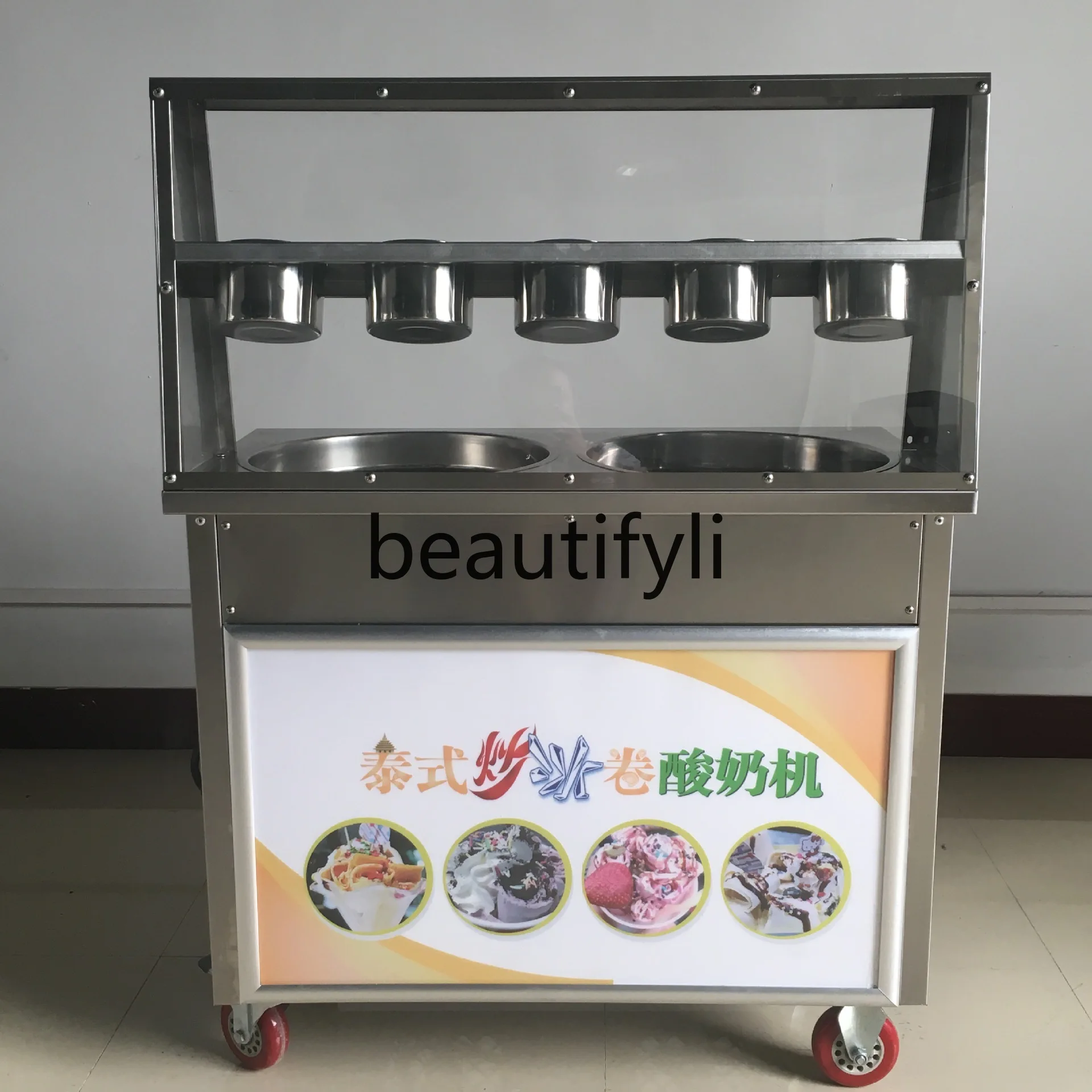 Pentola rotonda doppia intelligente con 9 secchi Macchina per rotoli di gelato mescolato per ghiaccio mescolato Macchina per yogurt mescolato tailandese