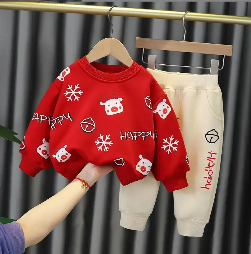 

Christmas Outfits for Infant Baby Clothing Autumn Winter Boys Girls Sets Cartoon Print Velvet Padded Sweatshirt Tops and Pants