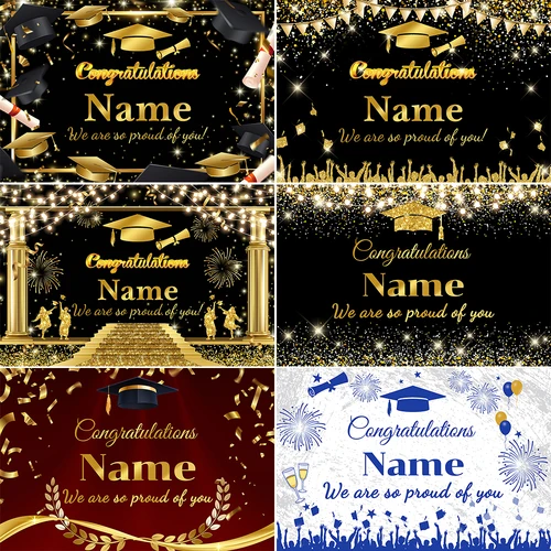 Banner de fondo con foto de graduación con nombre personalizado: fondo de confeti negro y dorado para decoración de fiesta de graduación