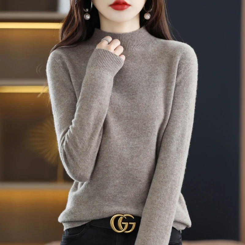 100% Merino pure wool sweater ladies autumn and winter new semi-turtleneck knitted long-sleeved solid color warm sweater