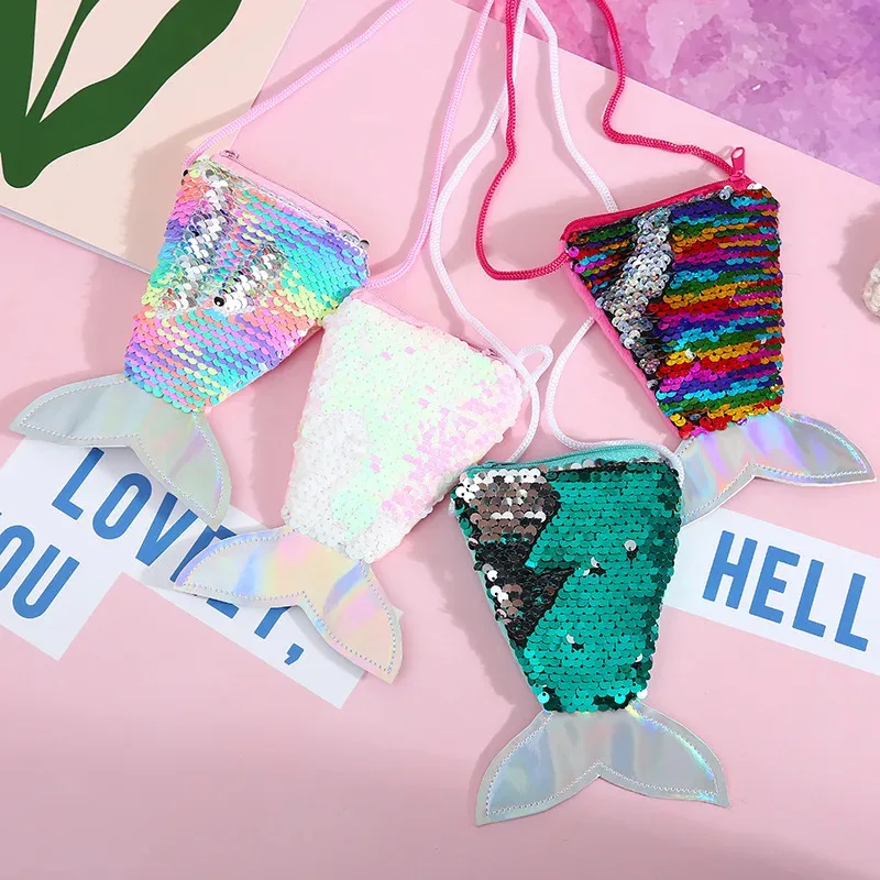 حقيبة كروس بترتر على شكل ذيل حورية البحر - حقيبة لامعة وجميلة للفتيات، حقيبة كتف نسائية وهدية عيد ميلاد