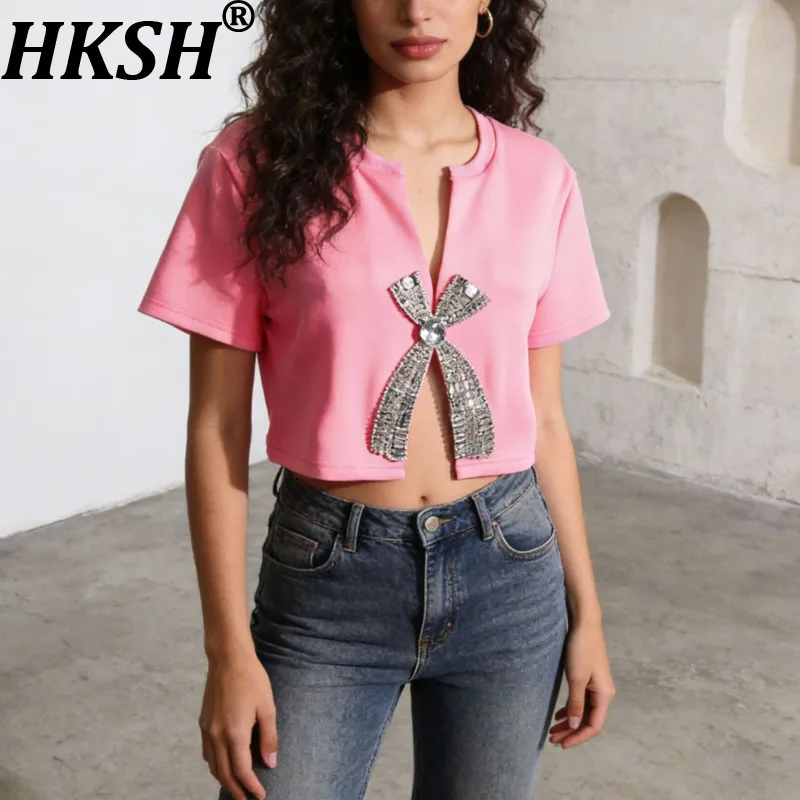 HKSH Women T-shirt Studded Diamonds Bowknot Niche Split O-neck Short Sleeves Luxury Tee Sexy Chic Casual Top Summer 2026 HK22057