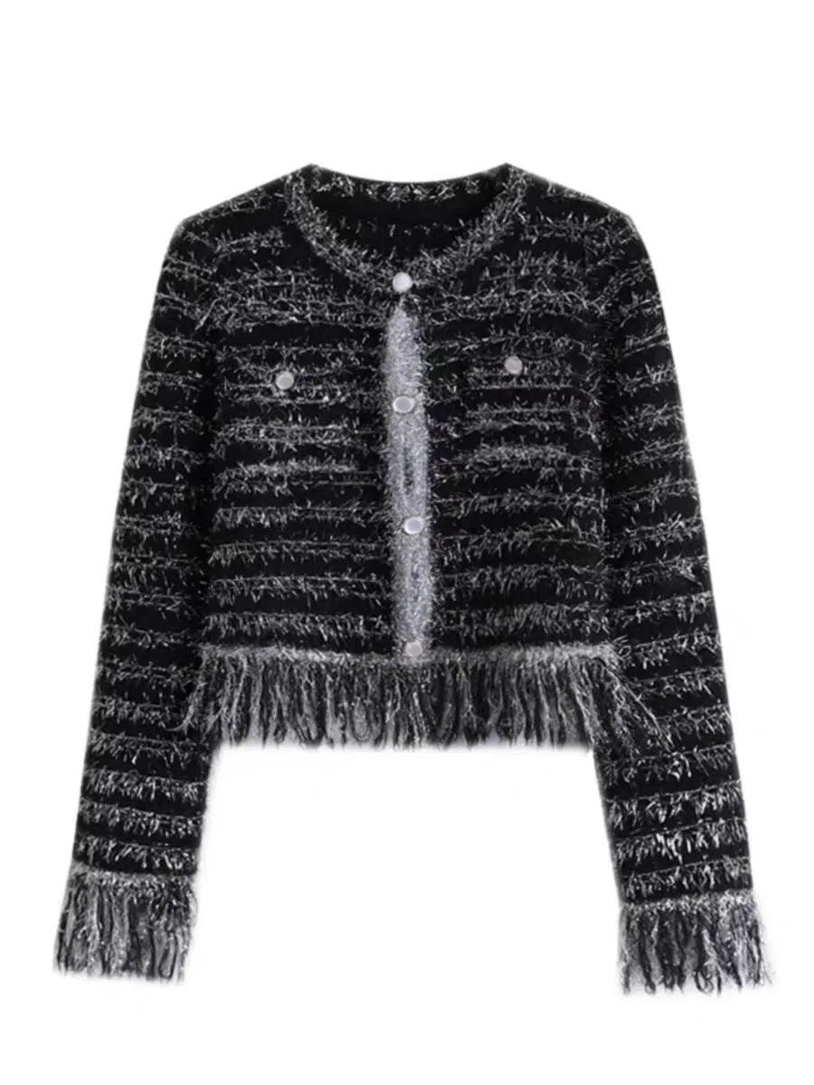 

Black Striped Sweater Cardigan Jacket Women New Cropped Cardigan Long Sleeve Knitted Sweater Tassel Korean Style Elegant Jacket