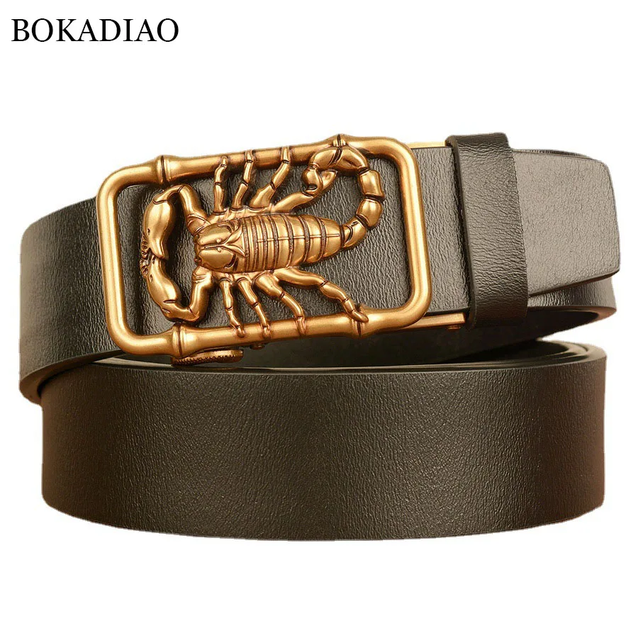 

BOKADIAO Men Genuine Leather Belt Metal Scorpion Automatic Buckle Cowskin Waistband Luxury Brand Designer Belts for Men Jeans