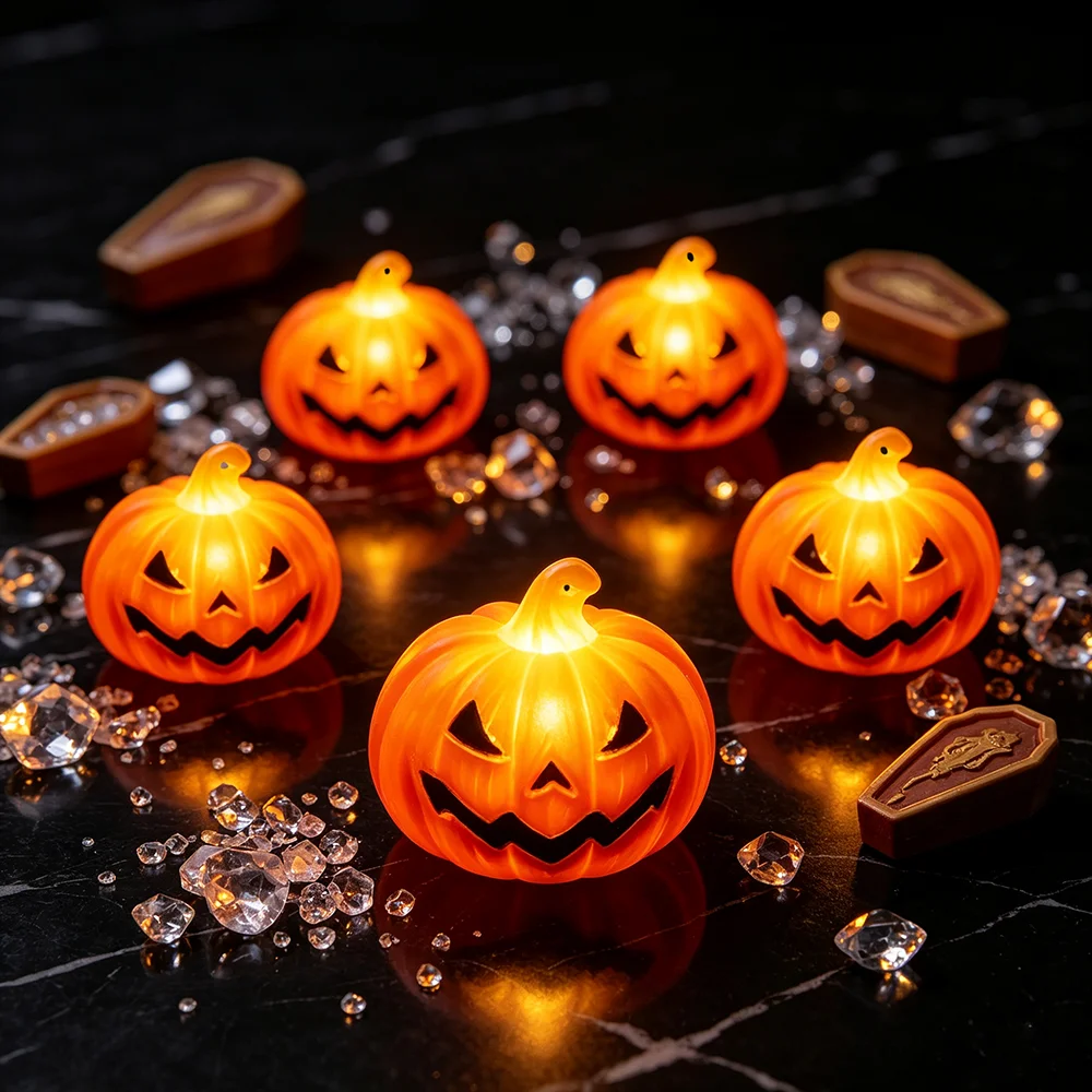 5/12Pcs Mini Plastic LED Pumpkin Lights with Hang Hole, Halloween Table Decor, Hanging for Indoor Courtyard Dry Branches & Fence