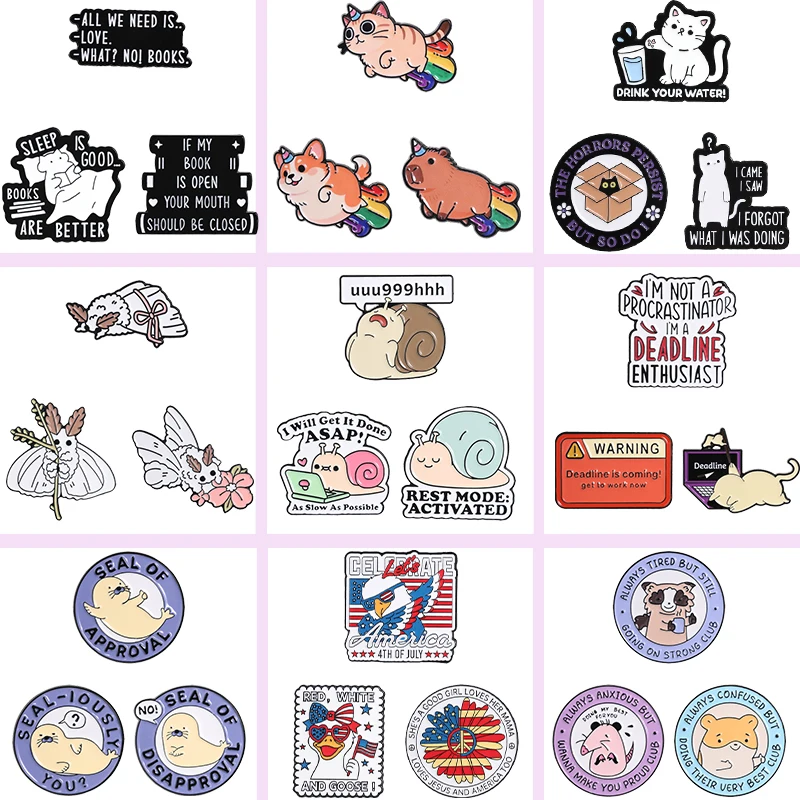 2-4pcs/set Funny Animal Slogan Enamel Pins Cartoon Cat Snail Seal Brooches Lapel Badges Jewelry Gifts For Friends