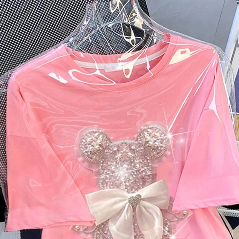 Extra Large Plus 2026 New Women's Clothing Shiny Bowknot Bear T-shirt Heavy Industry Technology 3D Bear Diamond Korean T Shirt