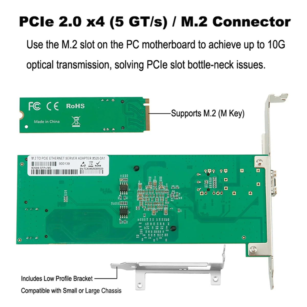 

2025+M.2 to Single Port 10G SFP+ Fiber Optic Network Card JL82599EN Chip X520-DA1 M Key10GbE Ethernet Adapter