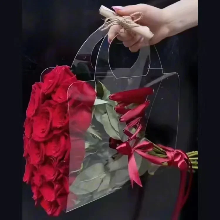 New Transparent Flower Bag with Handle Fresh Flower Bouquet Wrapping Boxes Wedding Birthday Party Gift Rose Packaging Handbags