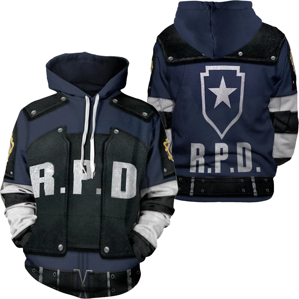 Leon Cosplay Fantasy Hoodie Men Costume Biohazard Game Hazard Bio Roleplay Fantasia Outfits Hooded Sweatshirt Casual Pullover