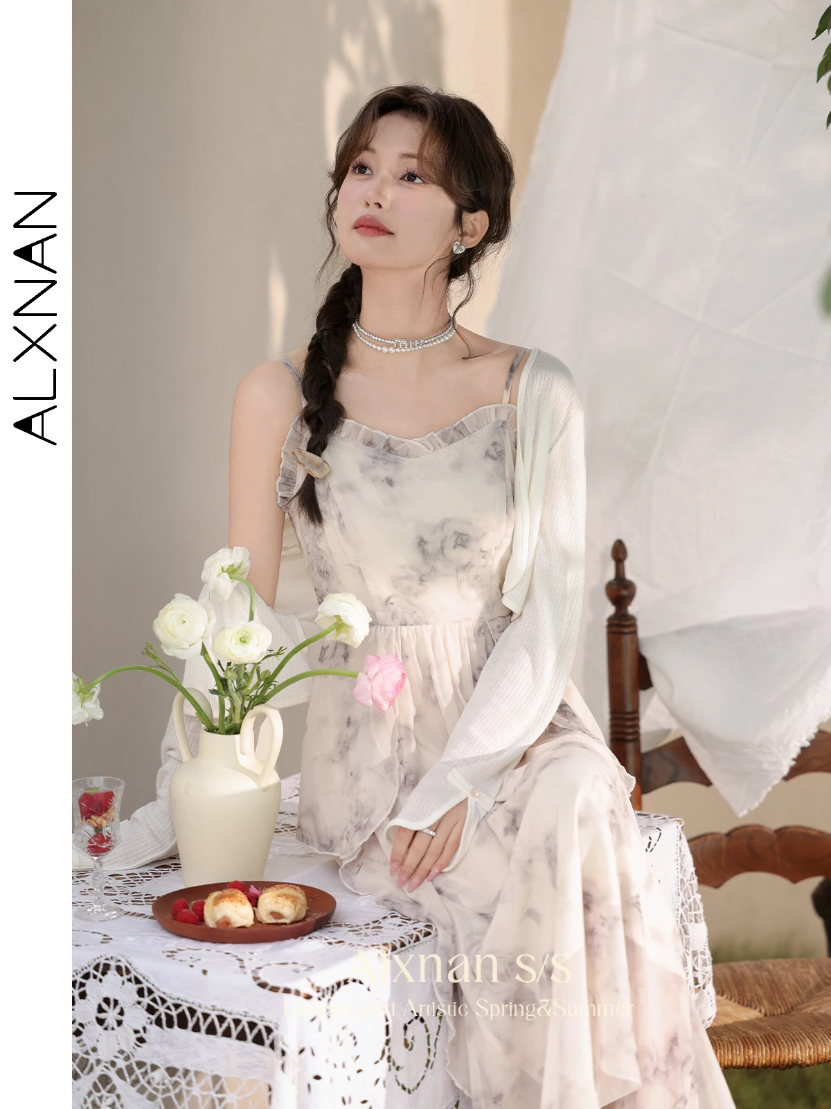 ALXNAN Damenkleid, lang, A-Linie, Rüschen, Riemen, elegant, bedruckt, Kleid, 2025, Sommerurlaub, Strandparty, Damenbekleidung, Neu, L33952