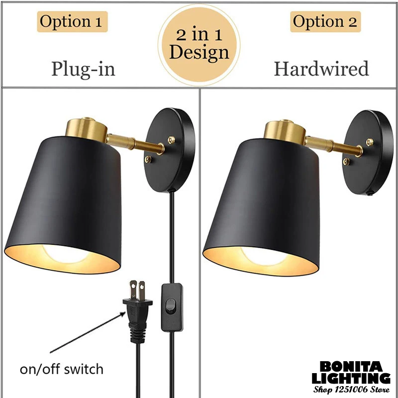 Vintage Industrial Wall Sconce - Adjustable Swing Arm Light for Bedroom, Study, Bar - Bronze Plug-in Wall Lamp Black/White Shade
