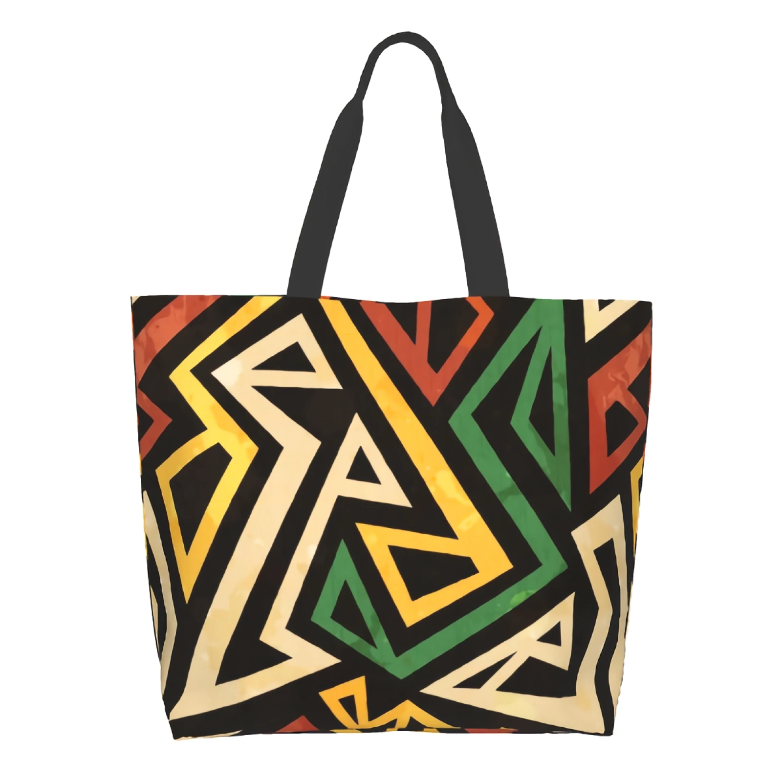 Vintage African Geometric Grunge Vector Art Retro Green Red Yellow Mexican Canvas Tote Bag Shopping Shoulder Handbag