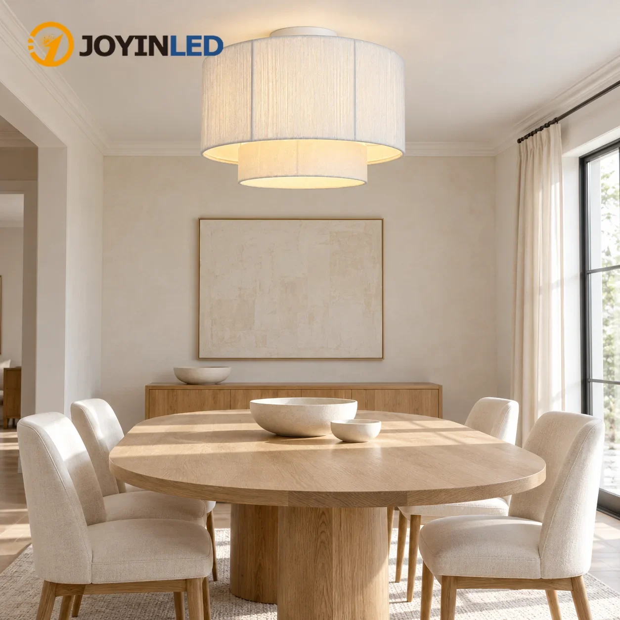 JOYINLED Modern White Ceiling Lamp Semi Flush Mount 40cm Natural Hemp Rope Shade Light for Living Room Bedroom Dining Kitchen