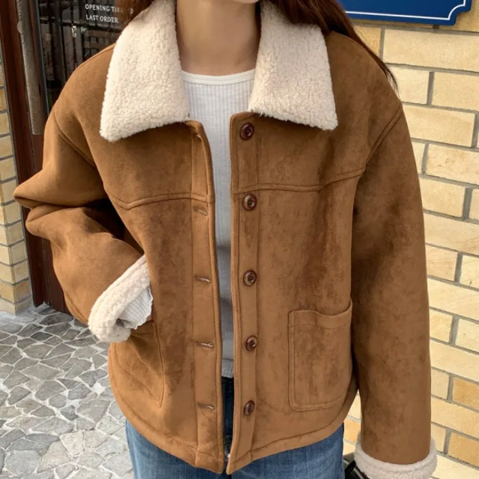 

Chic Winter ort Lamb Fur Jaet Women's Suede Coat Sli Soft Single Button Flip Collar Warmth Outerwear