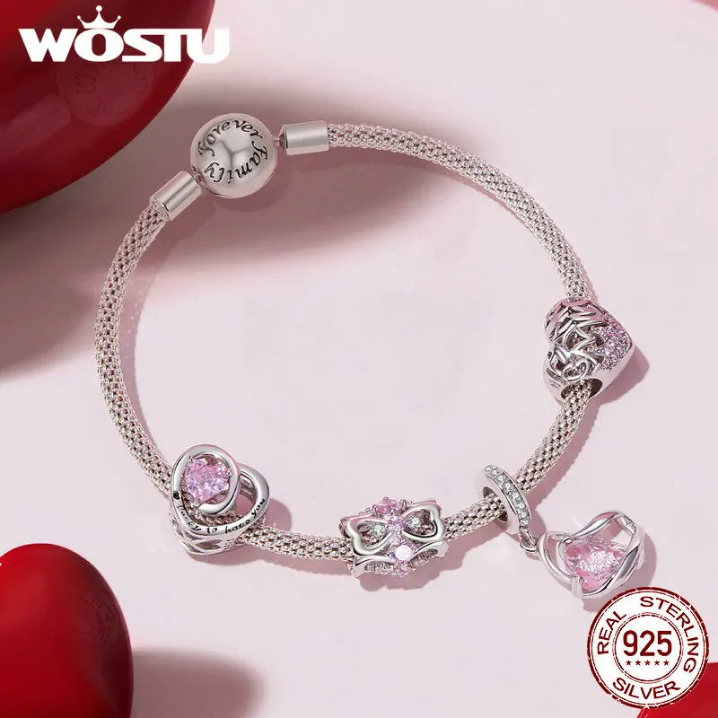 WOSTU 925 Sterling Silver Thanksgiving Pink Chams Waist Pendant Double Heart Beads Fit DIY Bracelet Necklace Jewelry Make Gift