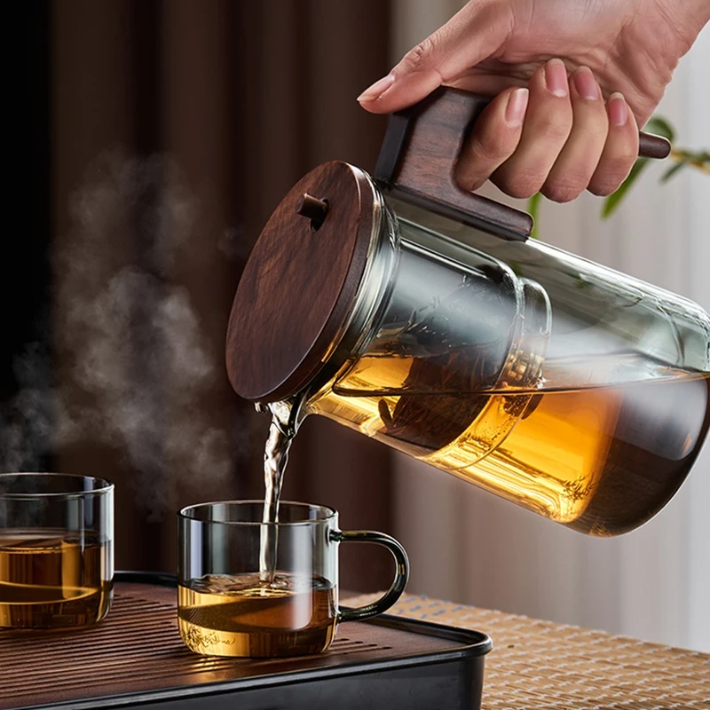 Glass Teapot with Wood Handle Heated One-Button Filtering Transparent Scented Tea Pot Teaware-A55K