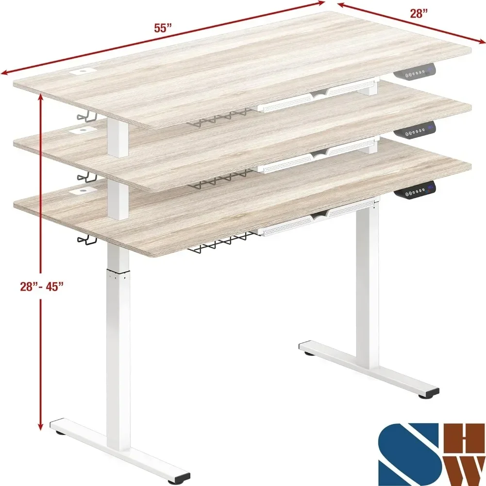 Mesa de pé elétrica grande com altura ajustável de 55 polegadas, 55 x 28 polegadas, bordo