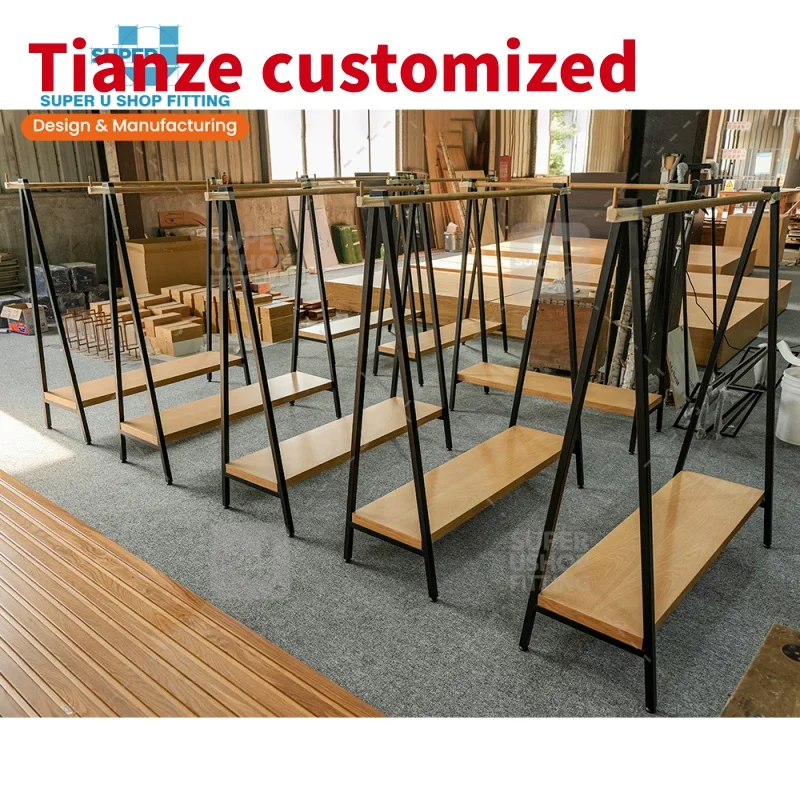 (customized)Clothing Store Display Design Showroom Hanging Clothing Store Display Rack Metal Wooden Clothing Display Stand with