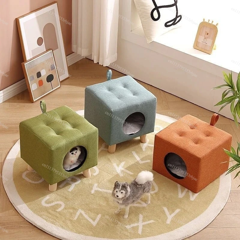 Solid Wood Cat Nest Stool Four Seasons Universal Cat House Kitten Semi-closed Pet Bed Warmth