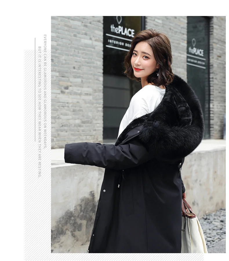 Parkas Jacket Women Cotton Coat Winter Mid Length Outerwear Fur Collar Plush Liner Hooded Drawstring Thick Windproof Office Lady