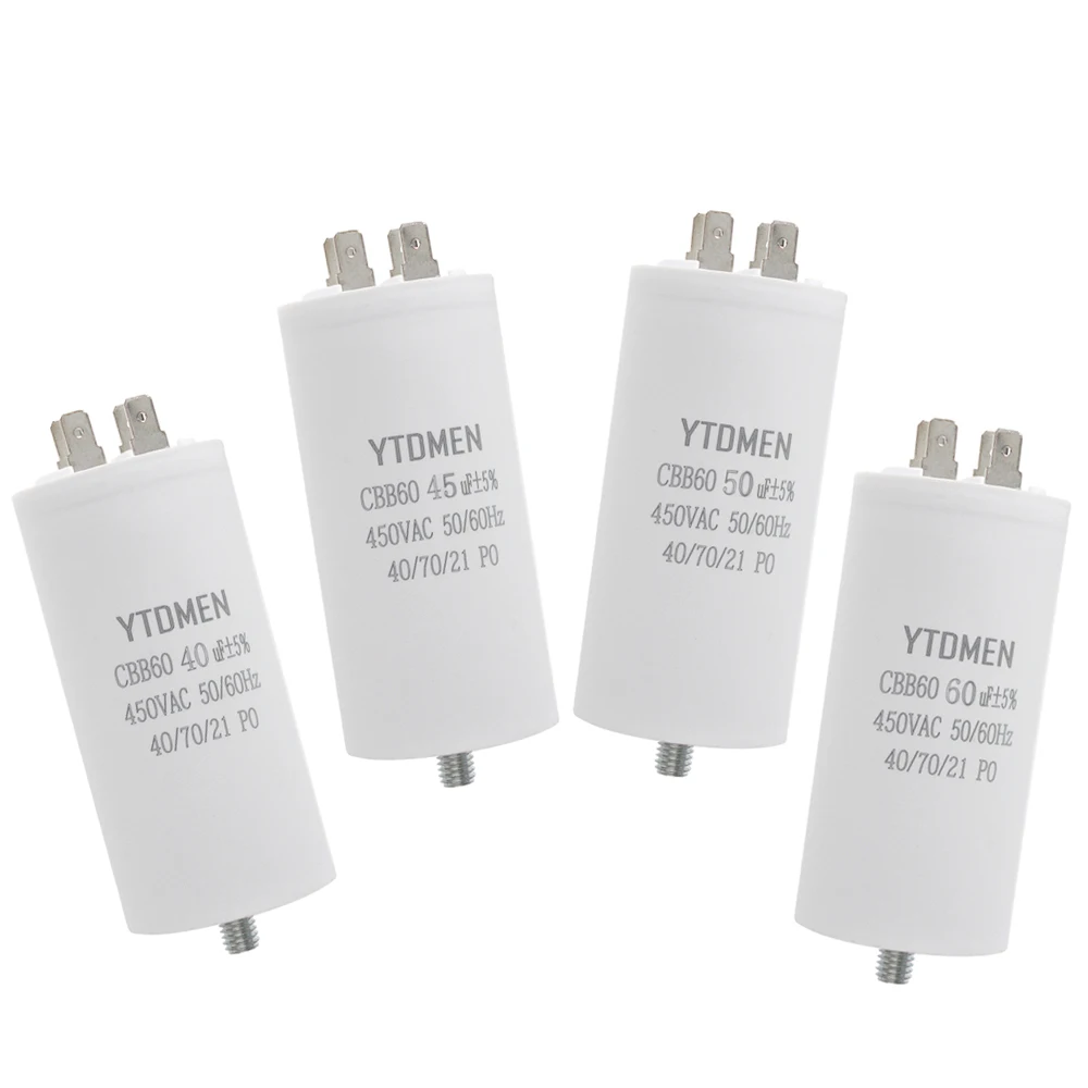CBB60 مكثف بدء تشغيل المحرك 4-60μF 450VAC برغي/إدراج مزدوج 4-Pin لضاغط الهواء/مضخة المياه/مضخة الغسالة
