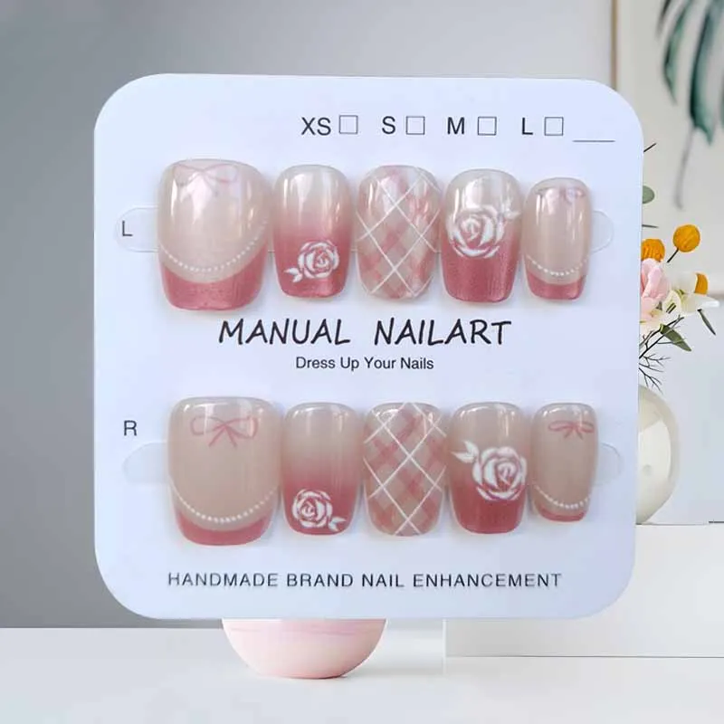 10 pezzi stile francese plaid fiore rosa occhio di gatto stampa sulle unghie griglia di ciliegio toppe per unghie staccabili adesivo per manicure patch per unghie finte