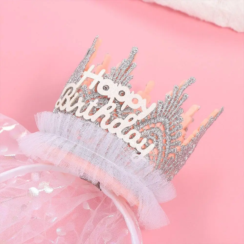 Korean Style Crown Gauze Headband Hair Accessories Headwear Happy Birthday Hairband Photo Props Hair Decor Crown Hairband