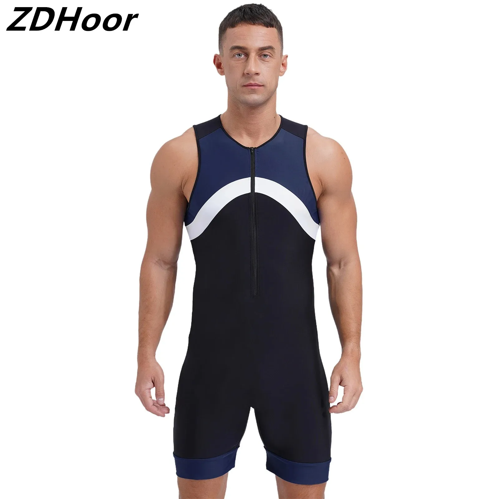 

Mens Contrast Color Swimsuit Sports Jumpsuit Sleeveless Zipper Bodysuit for Swimming Surfing Cycling Rowing Workout