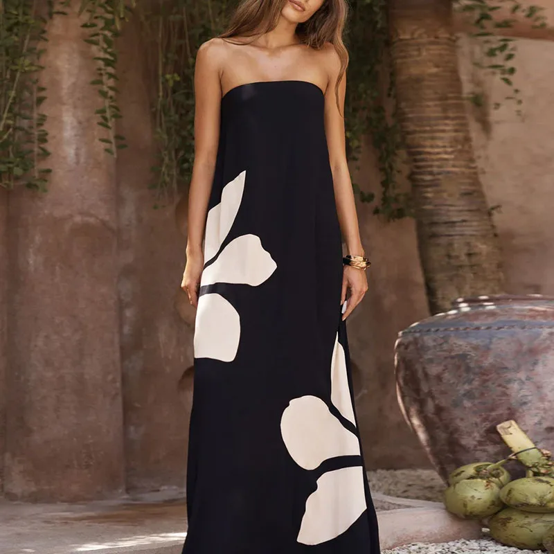 Temperament Strapless Off Shoulder Vacation Dress Fashion Positioning Printed Backless Dress Sexy A-line Sleeveless Loose Dress