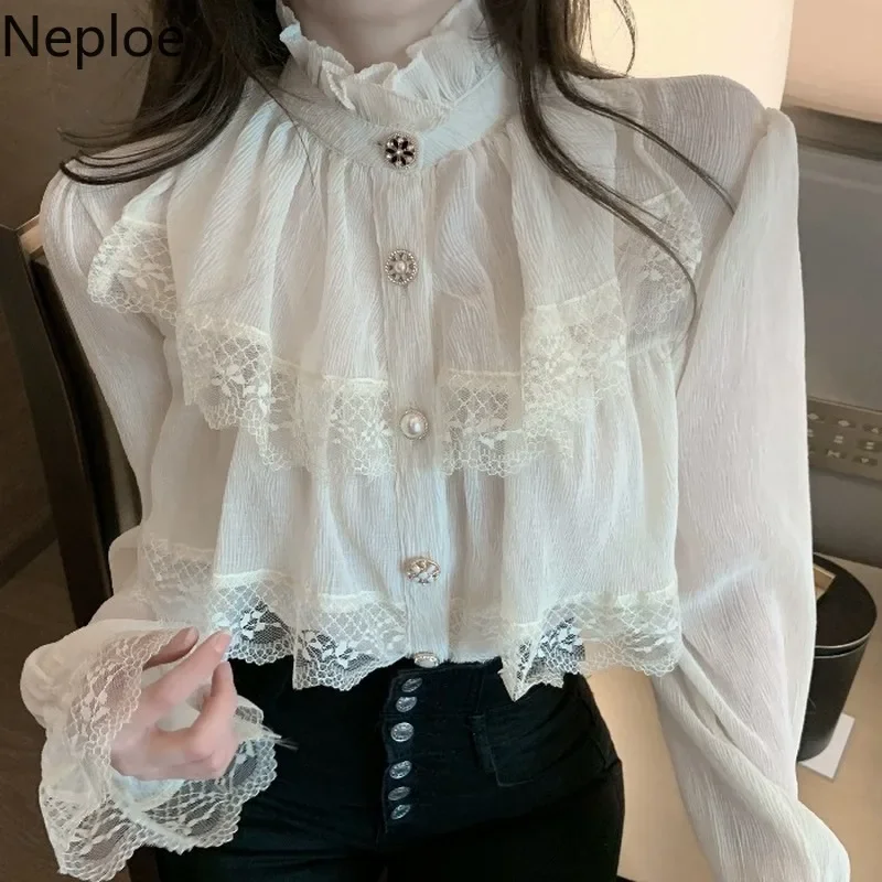 Fashion Korean White Blouse Women Blusas Stand Neck Chiffon Shirts Long Sleeve Ruffles Lace Blouses Vintage Elegant Femme Tops