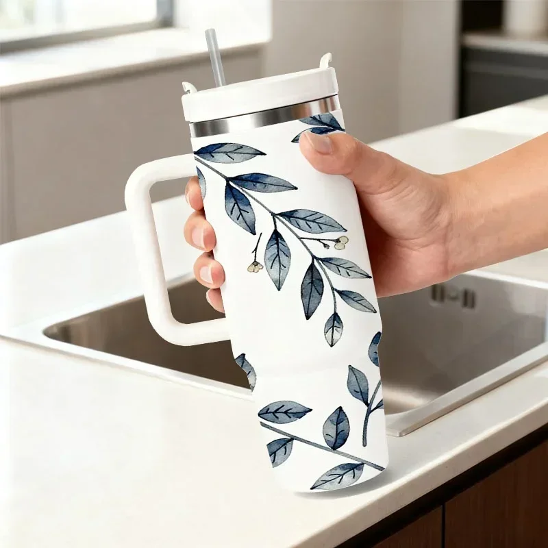 Seamless Blue White Watercolor Branch & Leaf Pattern 40oz Stainless Steel Insulated Tumbler, Delicate Floral Digital Print Portable Drink Cup, Ideal for Daily Commute & Outdoor Hydration
