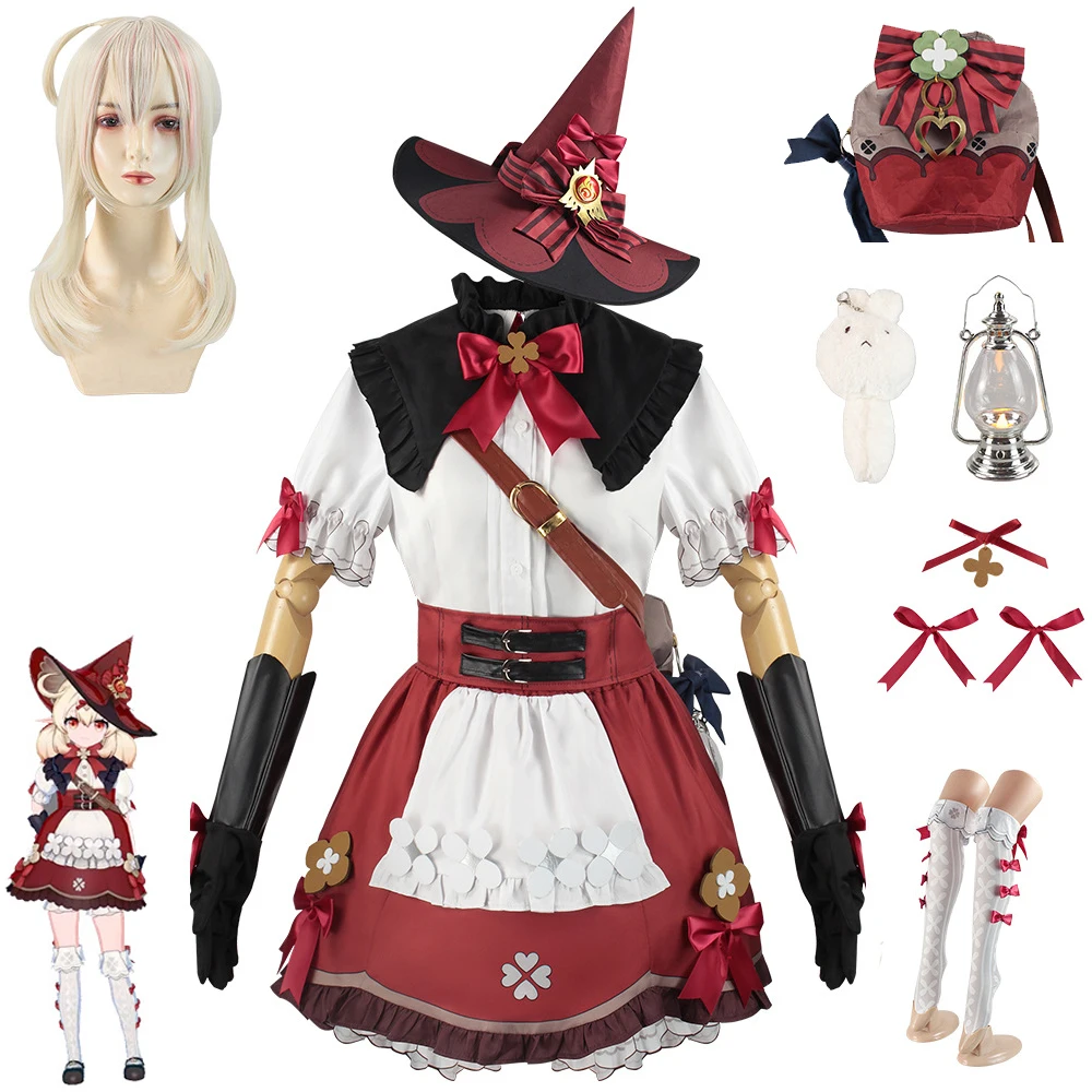 Genshin Impact New Skin Klee Doll Witch Cosplay Costume Outfits Dress Hat Wig Backpack Blossoming Starlight Red Lolita Outfits