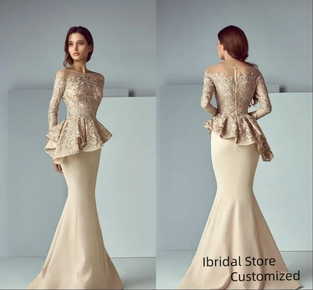 Customized Dubai Arabic Champagne Lace Stain Peplum Mermaid Mother of the Bride Dresses Long Sleeve Evening Formal gowns