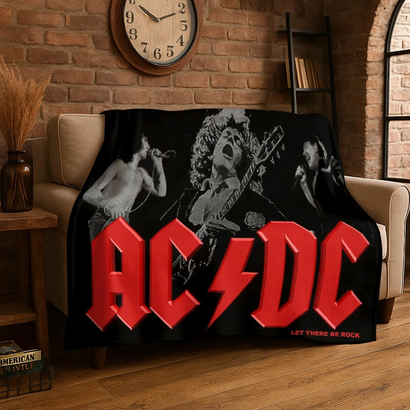 Retro ACDC Rock Band Catoon Flannel Blanket Soft Warm Throw Blanket for Bedroom Living Room Bed Travel Camping Picnic Gift