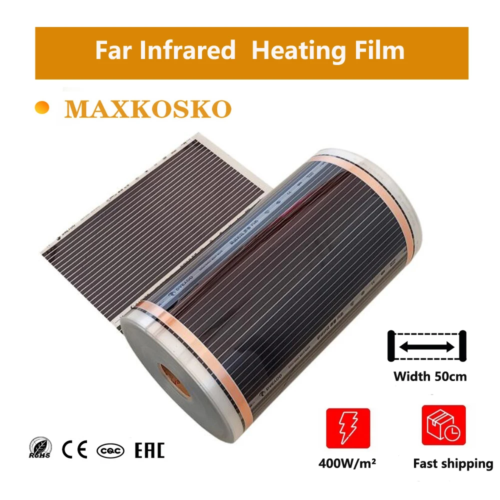 Maxkasko filme de aquecimento infravermelho distante quente sistema de piso quente elétrico 50cm largura 400w/m2 220v tapete de folha de aquecimento