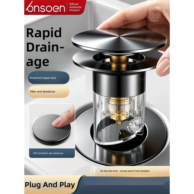 Washbasin sink leak‑proof stopper, basin pop‑up core, push‑type accessory, hair‑catching and clog‑preventing universal filter...