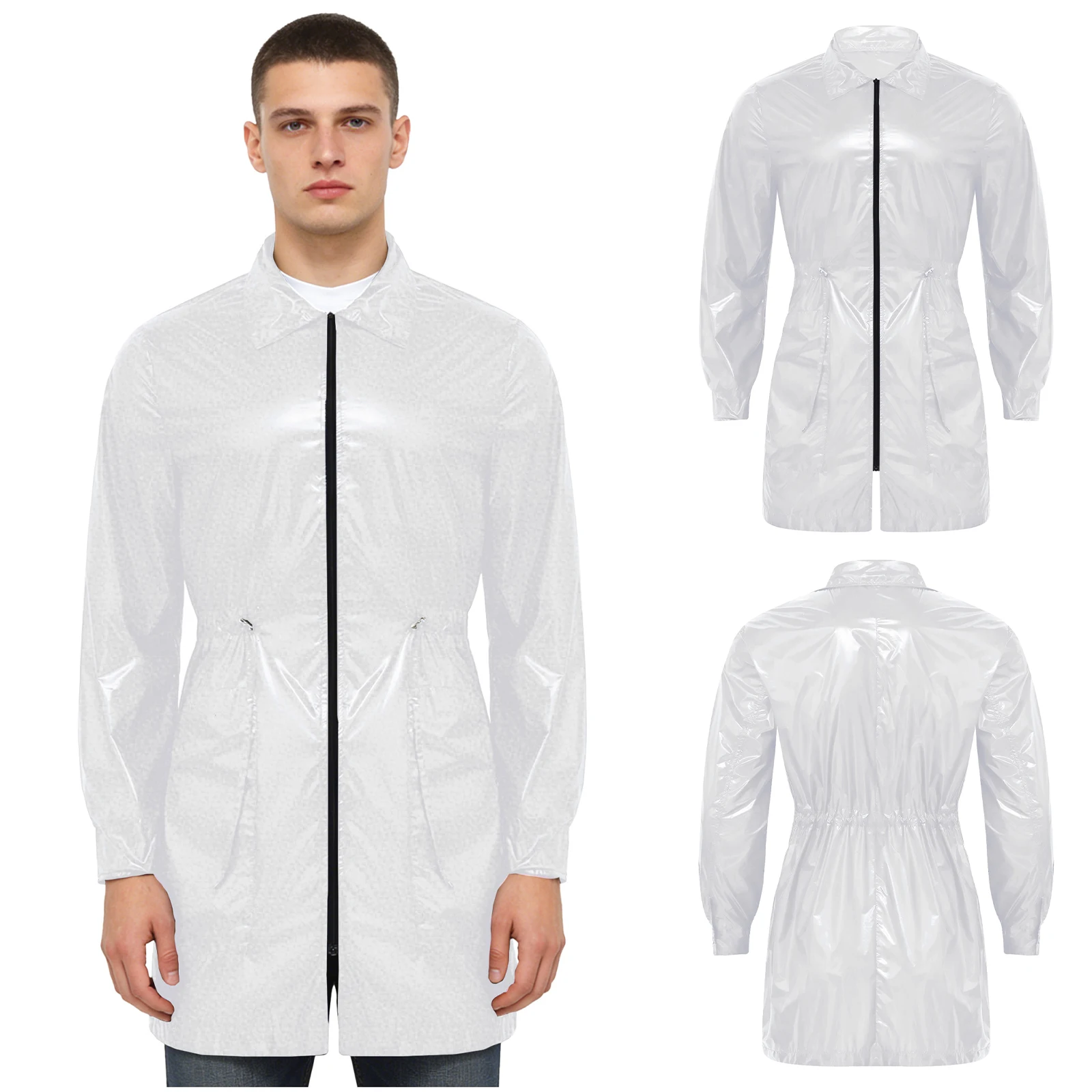 

Men Waterproof Rain Jacket with Pockets Long Sleeve Adjustable Waist Zip-up Glossy Raincoat Poncho for Rainy Day Work Camping
