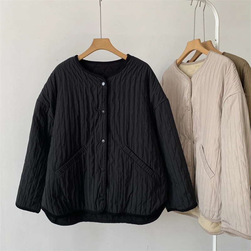 

Loose Fit Cotton Jaet Women's round Ne Thiened Casual Sle Autumn Winter New Textured Lazy Sle Large Size Coat Top