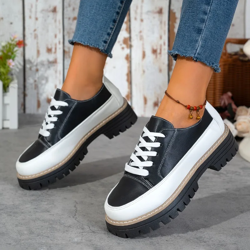 Women Platform Loafers Lace Up Chunky Sole Color Block Ladies Casual Shoes All Season Non Slip Walking Footwear Ladies Women's 3