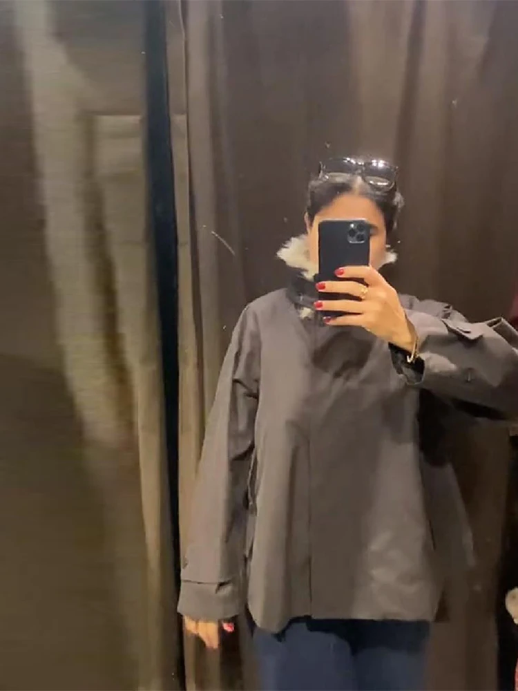 

Fur Collar Patchwork Women Parkas Fashion Long Sleeve Solid Zipper Pocket Loose Short Outerwears Lady Daily Commute Street Coat