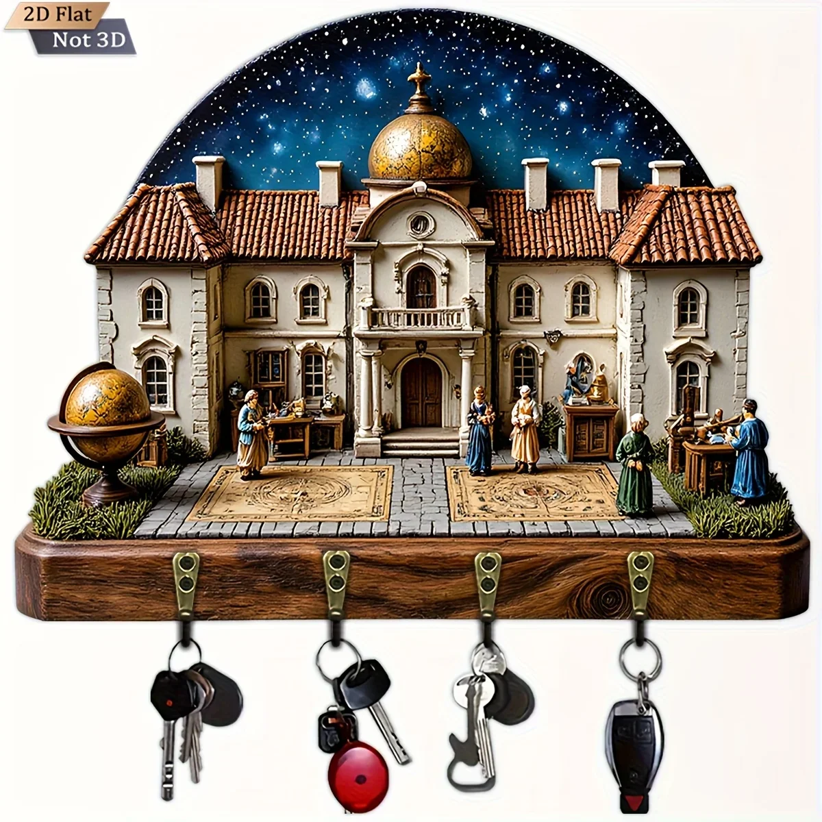 2D Flat, 1pc, Vintage European astronomical scene - themed wall Key hook wooden multifunctional home key rack, with four metal