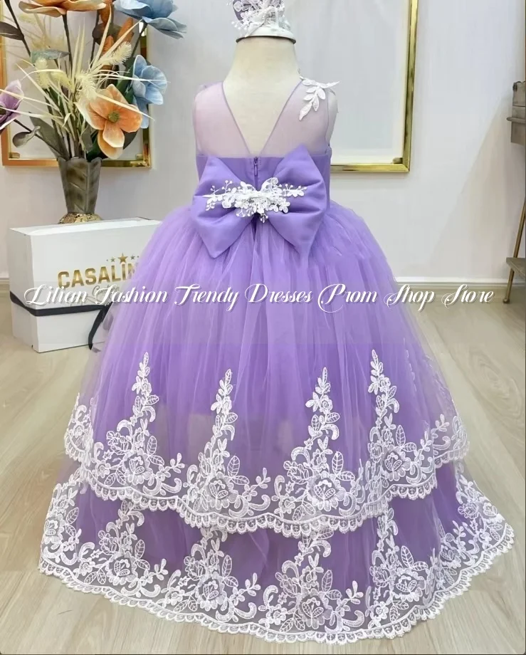 Lilac Purple Flower Girl Dress ropa de niña Elegant Beaded Appliques Sleeveless Chapel Train Mini Poncho Custom فساتين سهرة