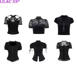 Camisetas góticas de encaje negro Y2K para mujer, Tops cortos con corsé de manga corta con estampado de letras estéticas sexys Harajuku, camisetas de verano para mujer, ropa de calle