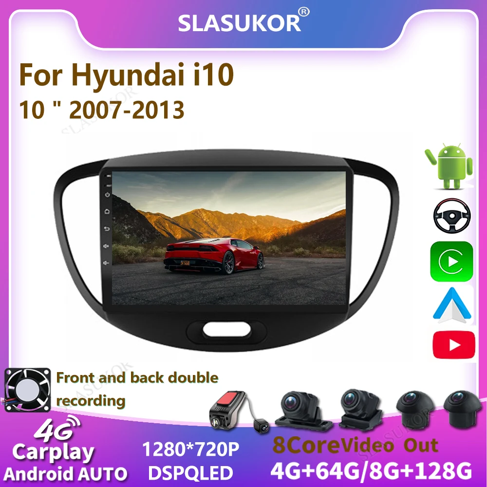 

Автомагнитола CarPlay 2DIN, 10 дюймов, Android, GPS, мультимедийный плеер для Hyundai i10 2007-2013 DSP IPS 2din, автомобильная стереосистема