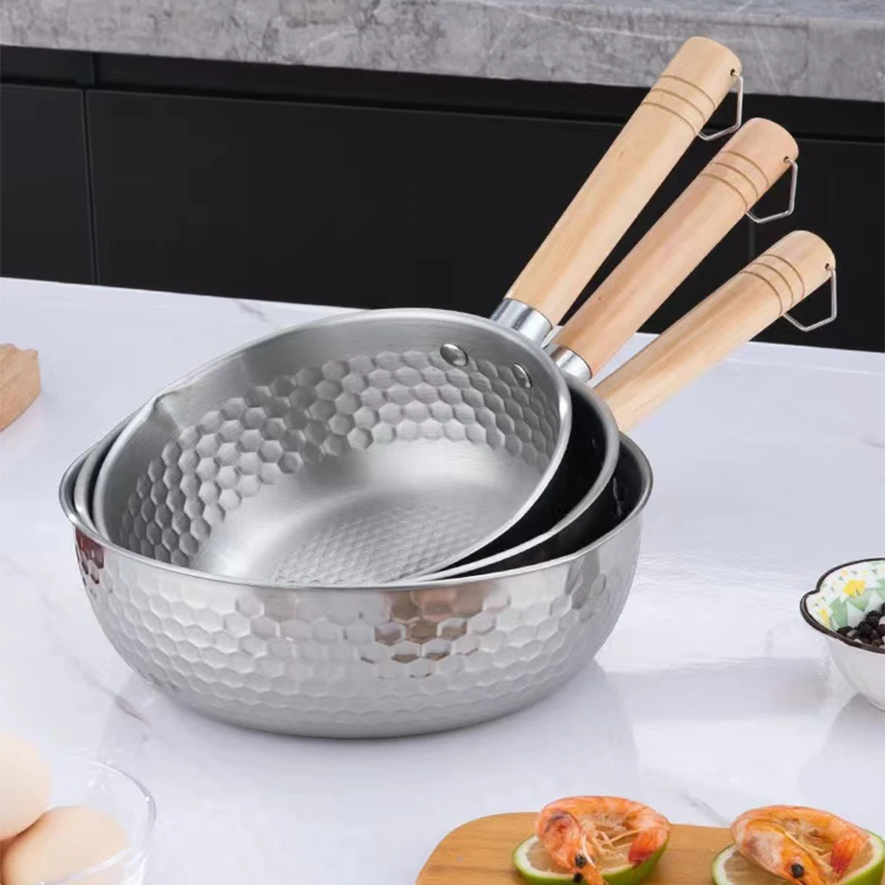 Olla de sopa de acero inoxidable 430, olla de nieve de estilo japonés, Wok antiadherente de fondo plano, mango de madera, olla para estofado, olla para leche, utensilios de cocina