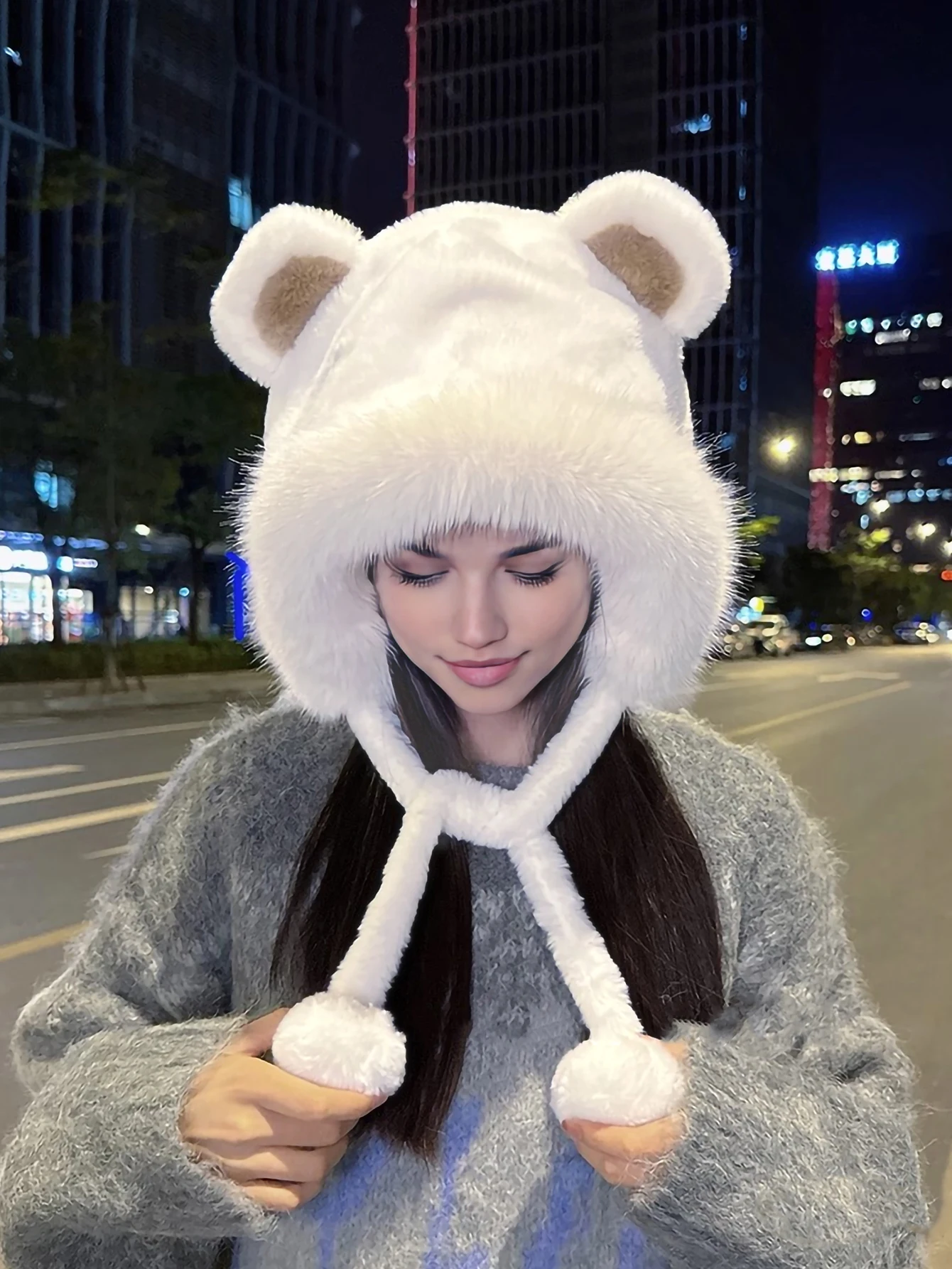 A Winter Cute Bear Ear Warm Hat Women Plush  Beanie Hat Girls Windproof  Cap